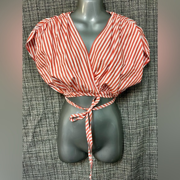 Zara Red/White Striped Poplin Top- Cropped with cross ties, Women’s XS - Picture 2 of 5
